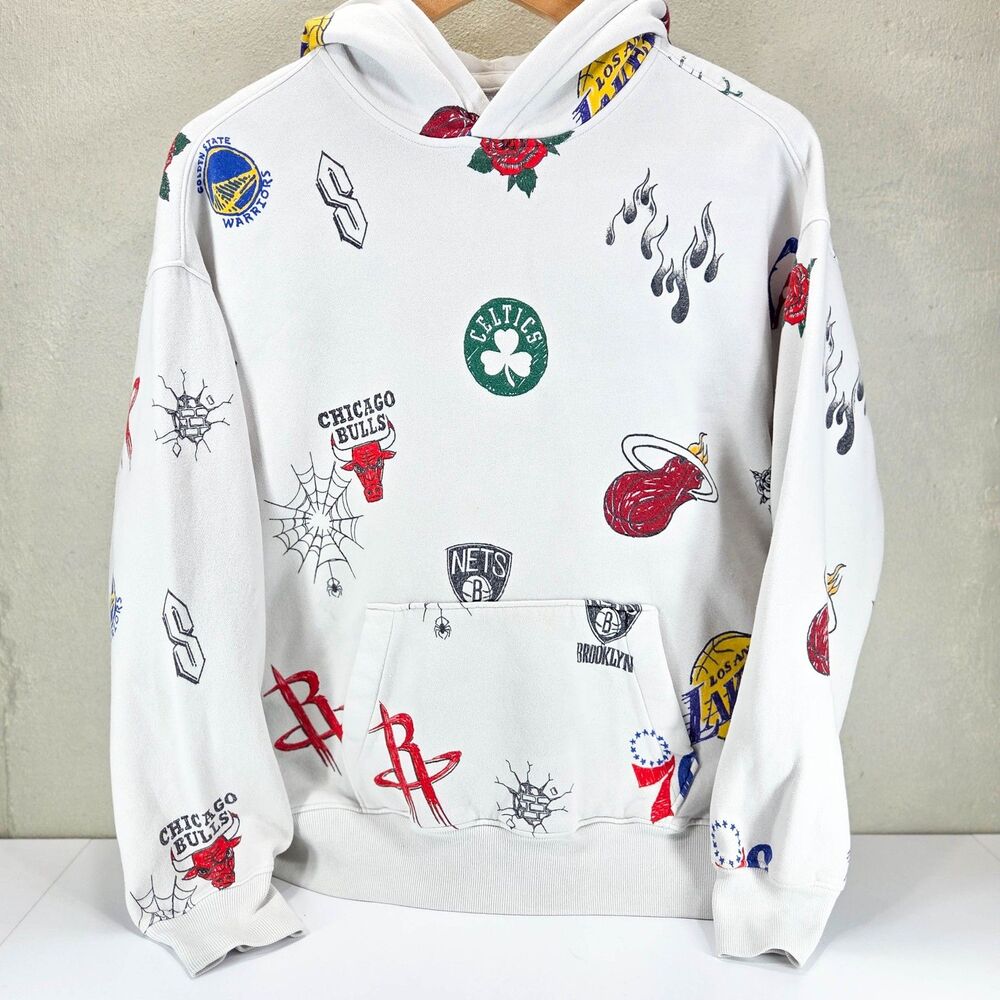 Hollister NBA All Over Print Basketball Teams Graphic AOP Hoodie White Sz L